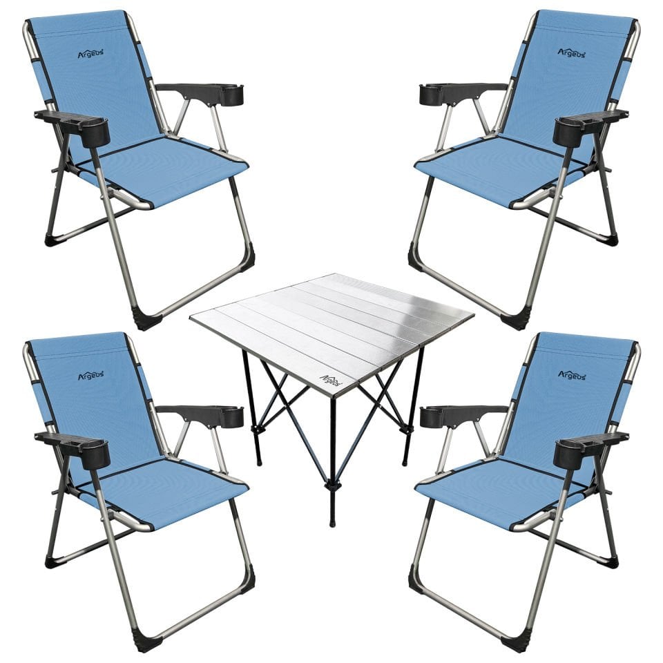 Argeus Rock Silver 4'lü Bardaklıklı Kamp Sandalyesi ve Masa Seti - Okyanus Mavi - Taşıma Çantalı - Alüminyum Masa