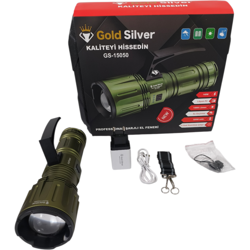 Gold Silver GS-15050 Profesyonel Şarjlı El Feneri – Yüksek Lümen, Uzun Pil Ömrü, Dayanıklı Gövde