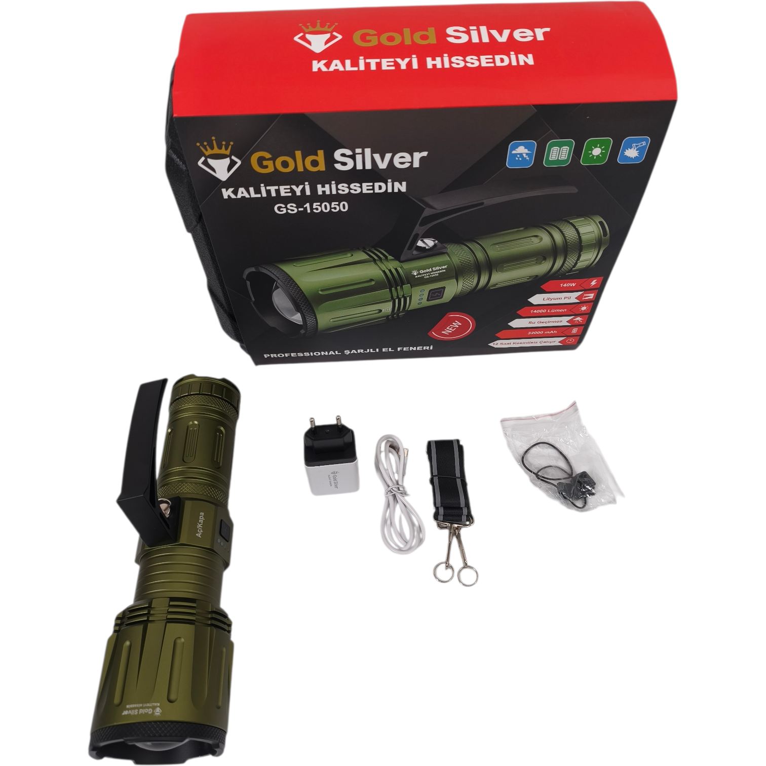 Gold Silver GS-15050 Profesyonel Şarjlı El Feneri – Yüksek Lümen, Uzun Pil Ömrü, Dayanıklı Gövde