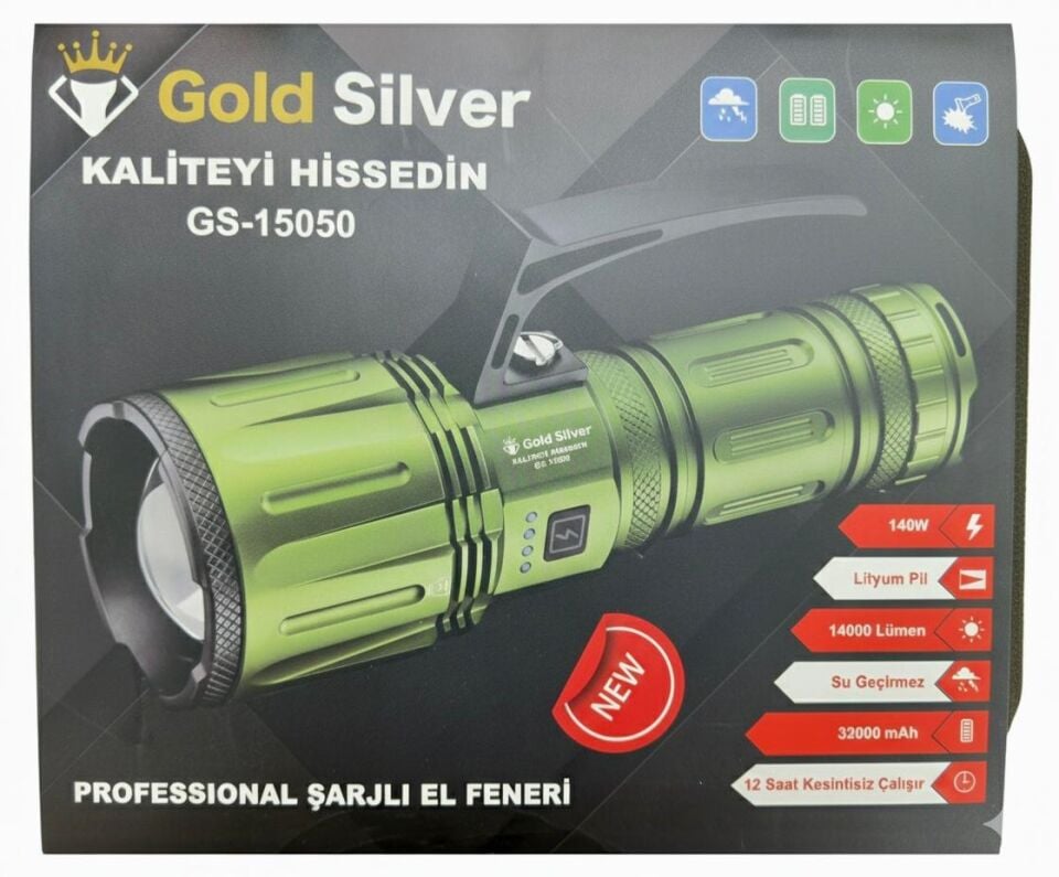 Gold Silver GS-15050 Profesyonel Şarjlı El Feneri – Yüksek Lümen, Uzun Pil Ömrü, Dayanıklı Gövde