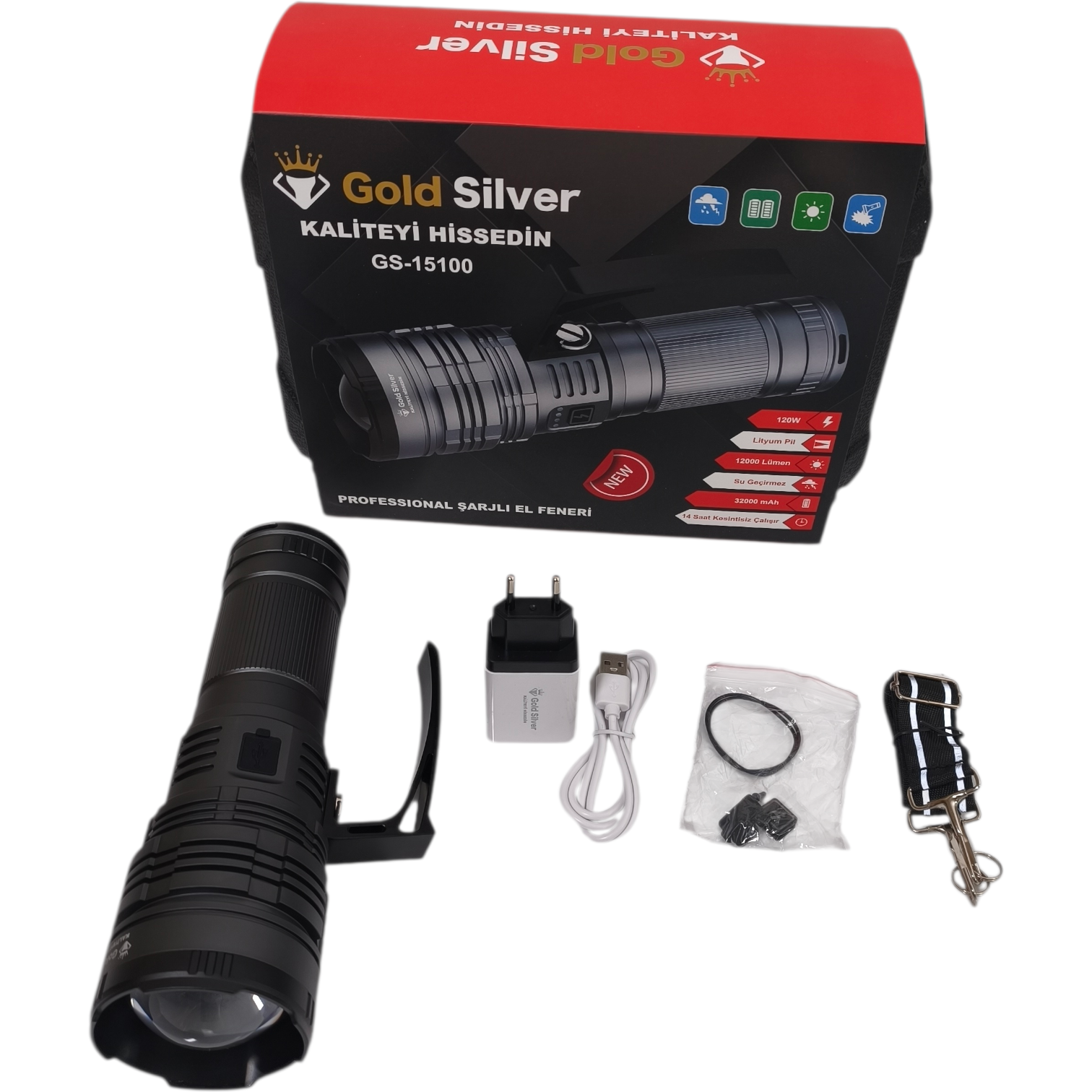 Gold Silver GS-15100 Profesyonel Şarjlı El Feneri – Yüksek Güç, Uzun Süreli Aydınlatma