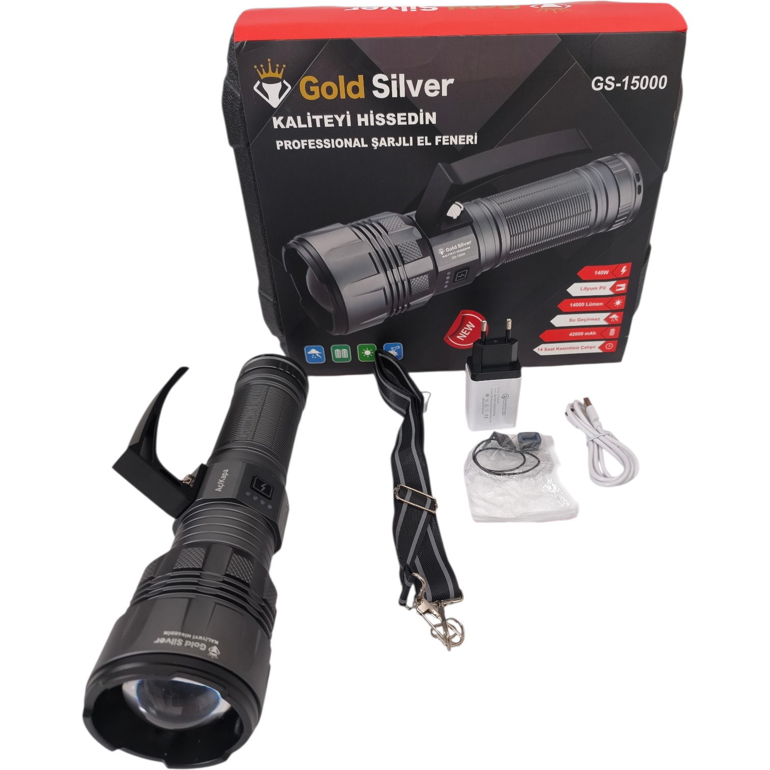 Gold Silver GS-15000 Profesyonel Şarjlı El Feneri – Maksimum Güç, Uzun Süreli Aydınlatma