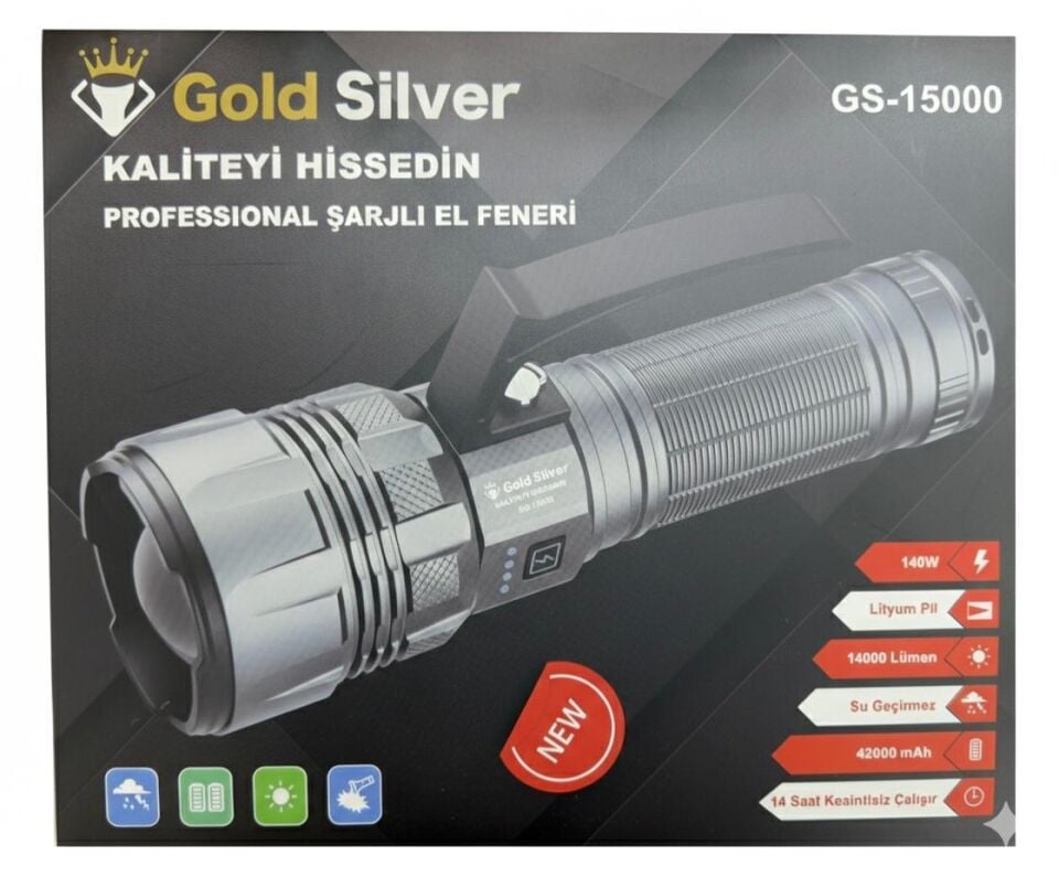Gold Silver GS-15000 Profesyonel Şarjlı El Feneri – Maksimum Güç, Uzun Süreli Aydınlatma