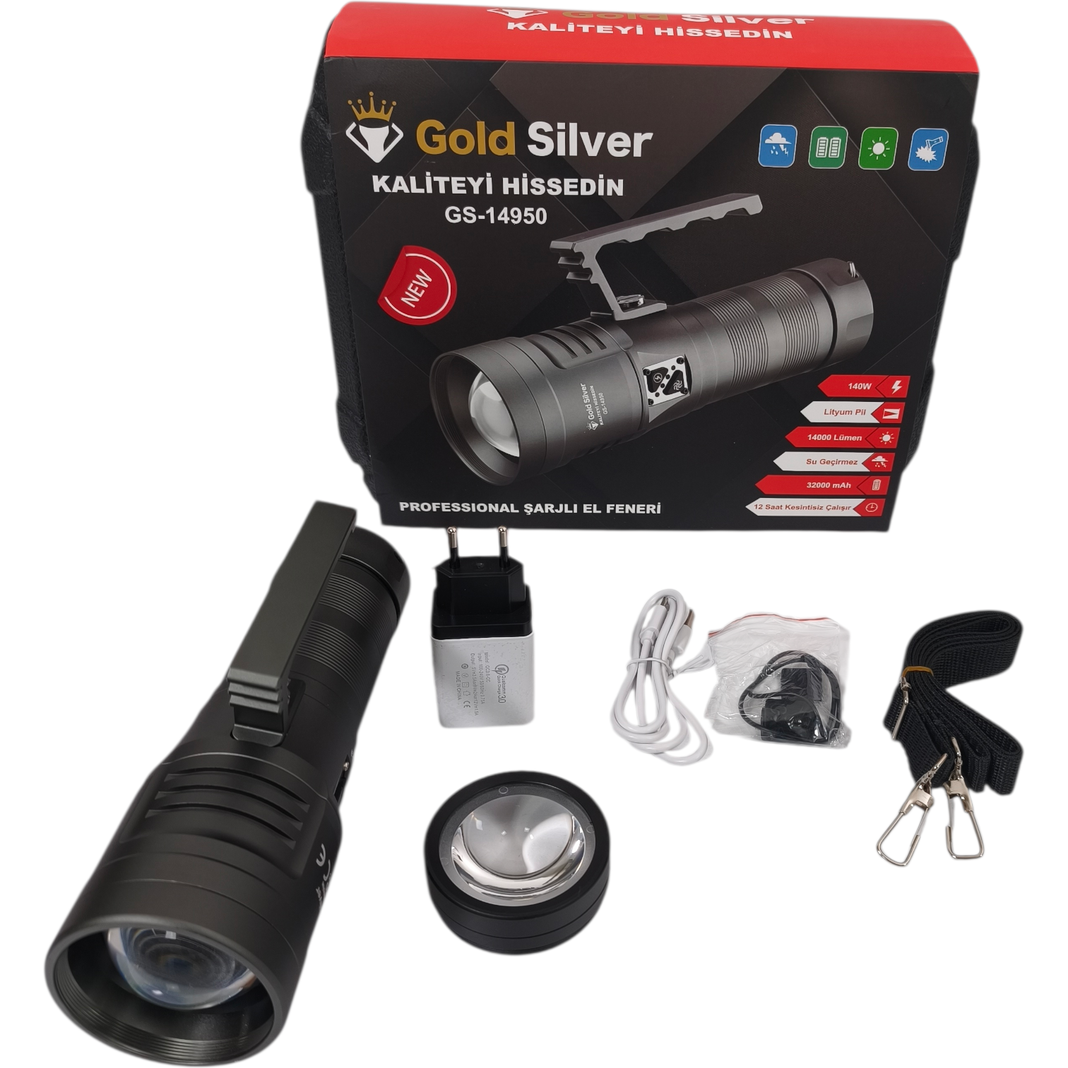 Gold Silver GS-14950 Profesyonel Şarjlı El Feneri – Yüksek Lümen, Uzun Pil Ömrü, Dayanıklı Tasarım