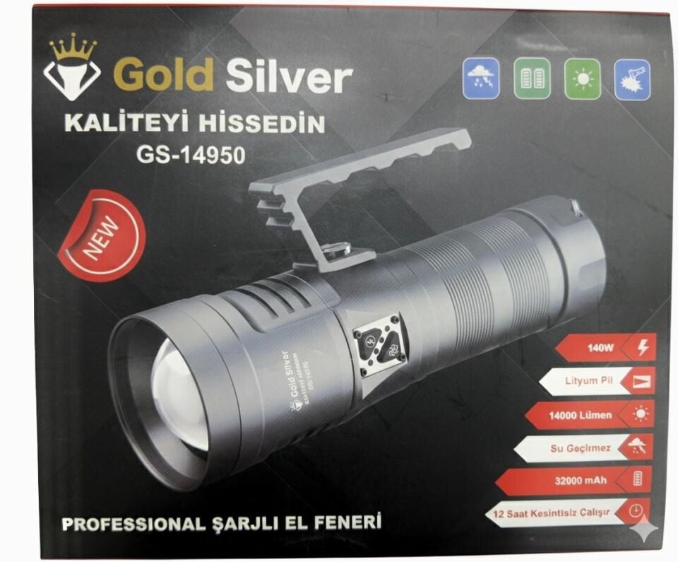 Gold Silver GS-14950 Profesyonel Şarjlı El Feneri – Yüksek Lümen, Uzun Pil Ömrü, Dayanıklı Tasarım