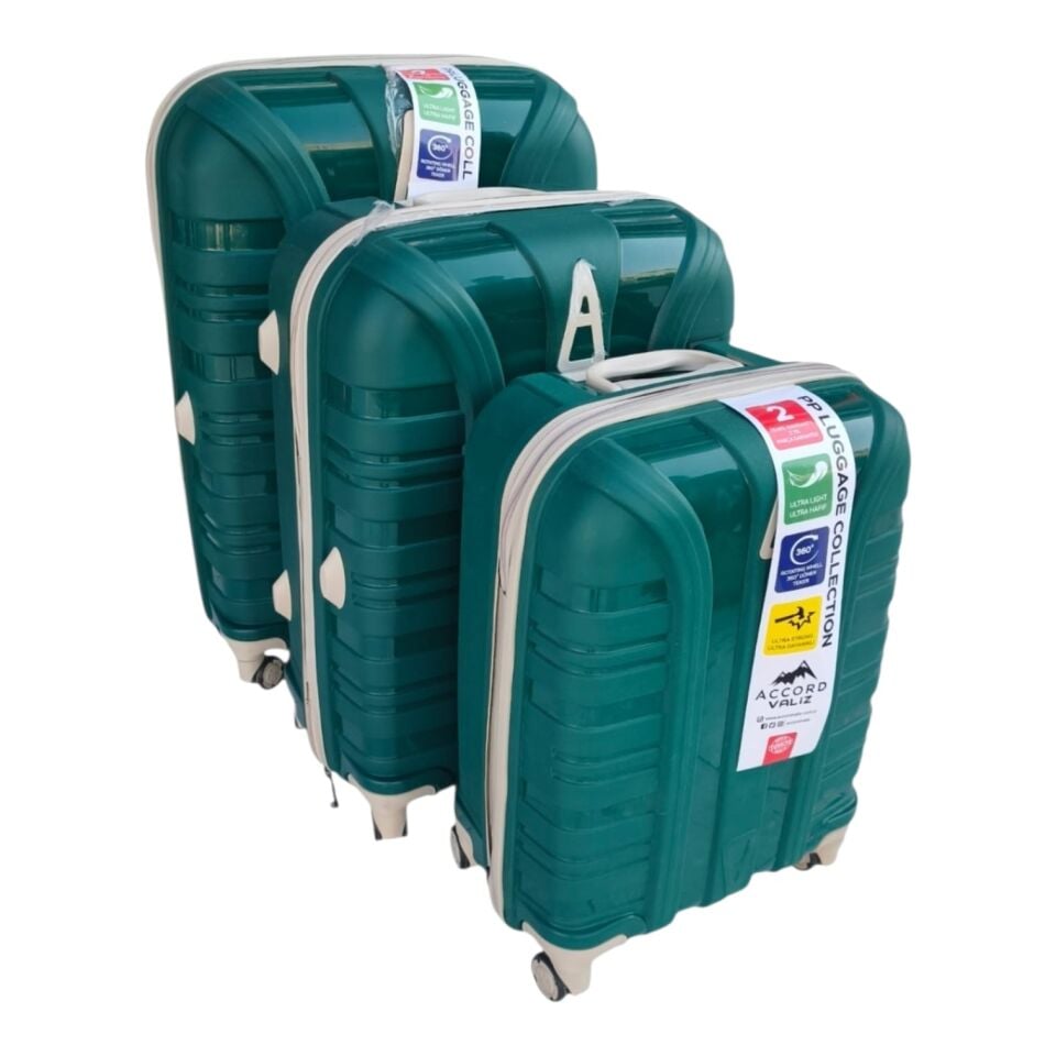 PP Valiz Seti 3'lü | Polipropilen Sert Kabuk Valiz | 360° Döner Tekerlek | 2 Yıl Garantili ZÜMRÜT YEŞİL