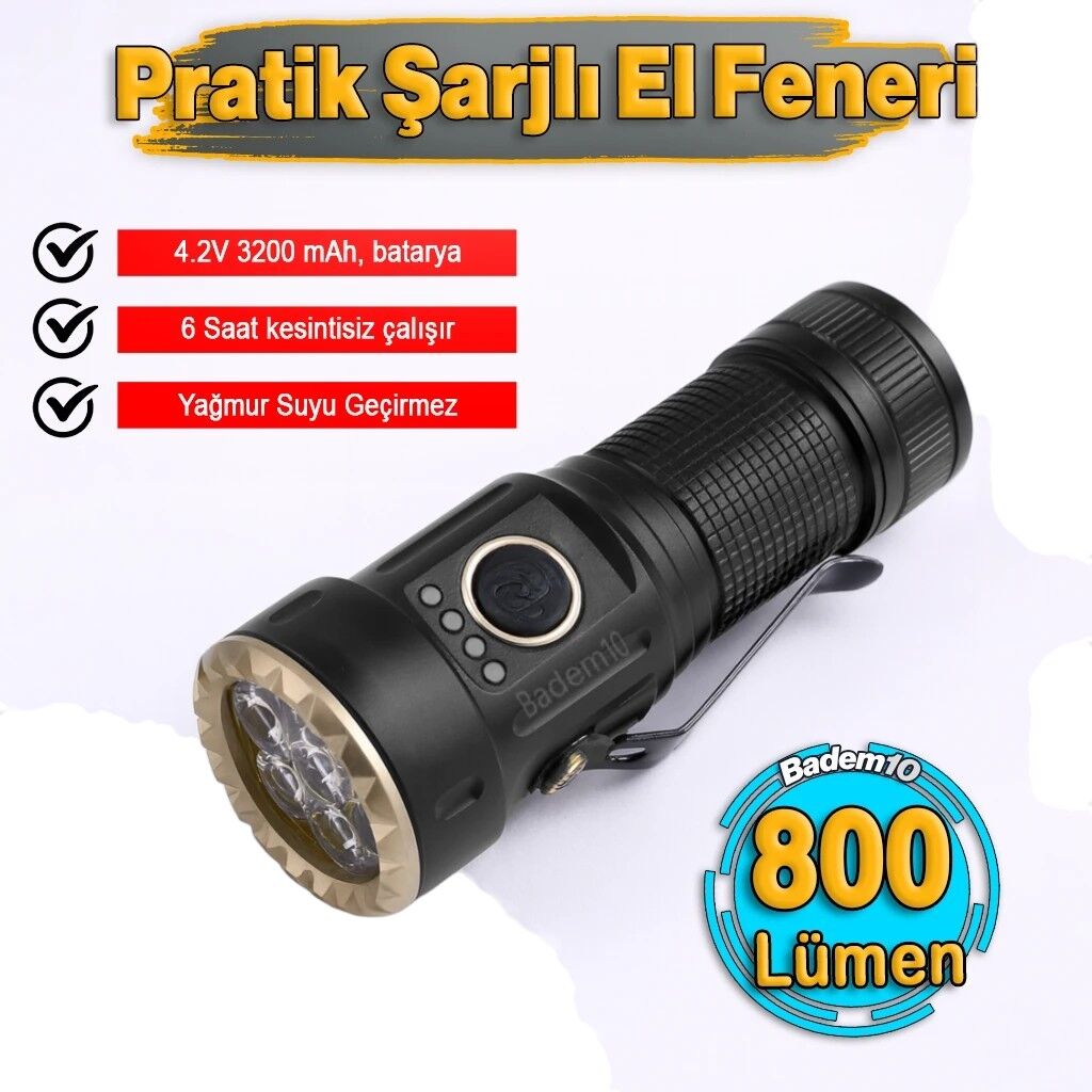 Pratik Şarjlı El Feneri – 800 Lümen, Su Geçirmez, Uzun Ömürlü